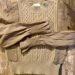 🆕 NWOT Heyson Cable-Knit Puff Sleeve Sweater Double Pleats Cocoa Size Small